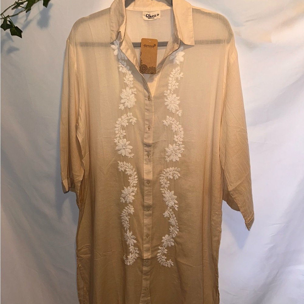 Light Cream Embroidered Button-Front Blouse